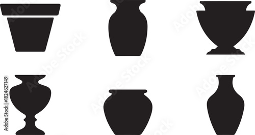 Diverse Group of Black Silhouettes of Vases and Urns container vessel
