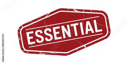 Red hexagonal stamp with the word essential