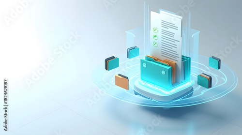 Stylized digital document storage system with folders and checklists glowing in a futuristic setting.