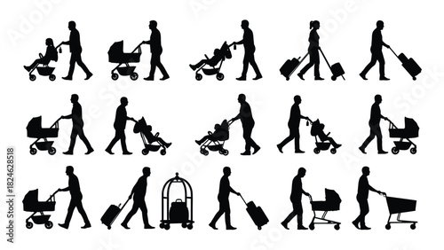 People pushing strollers, luggage, and carts silhouettes isolated on white background, Vector