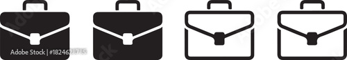 Four Black Briefcase Icons in Solid and Outline Styles on a White Background business work