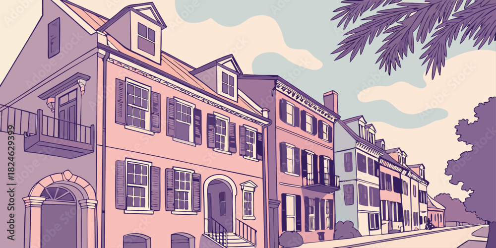 Obraz premium Charleston Rainbow Row pastel vector