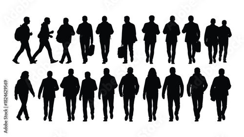 Diverse group of walking people silhouettes isolated on white background, Vector