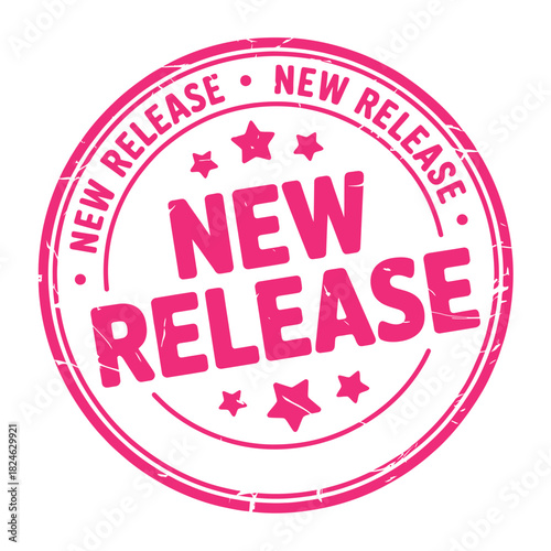 Bold new release stamp with stars and text
