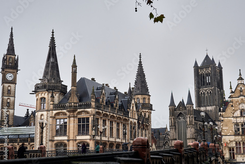 St. Michael’s Bridge with historic buildings at sunset in Ghent, Belgium
