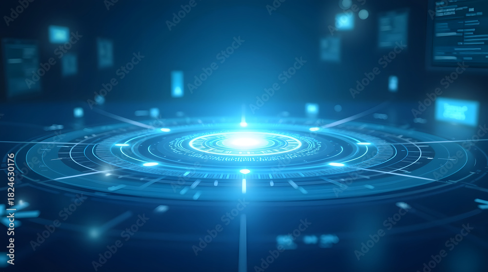 Fototapeta premium Futuristic blue digital interface showcasing glowing technology in a virtual space.