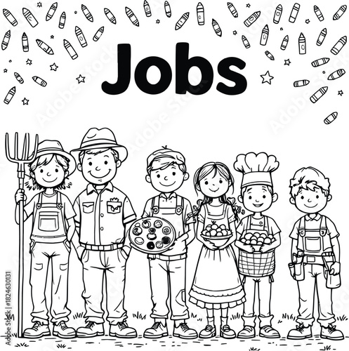 Line art of children in different jobs, coloring page