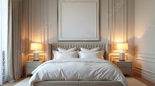 Elegant bedroom featuring a plush king-size bed, tastefully decorated with soft neutral tones and warm lighting.