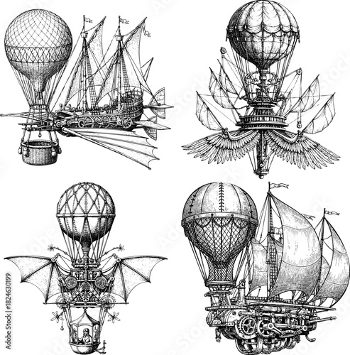 Steampunk Hot Air Balloon and Airship Engravings