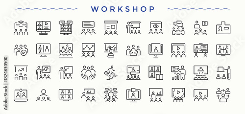 Workshop icon set. Outline symbol collection. Activity icon set. Featuring learn, presentation, class, coaching, session, conference, consulting and more.