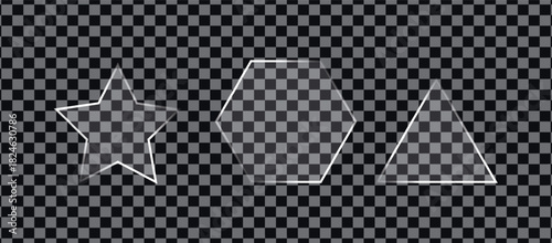 Glassmorphism UI kit, Liquid Glass Vector Elements with Transparent Geometric Shapes on Checkered Background