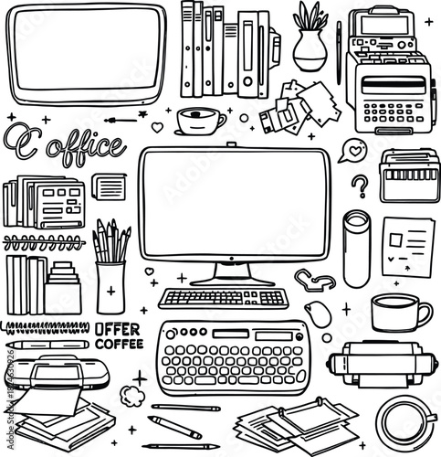 Office doodles isolated on white background, a handdrawn collection of office supplies, including a computer, keyboard, printer, and coffee cup, in black and white