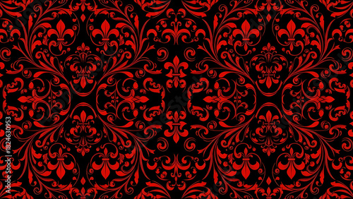 Red fleur de lis and floral pattern on a black background in a symmetrical arrangement