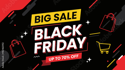 Black Friday Big Sale Up to 70% Off Shopping Bag and Cart on Black Background