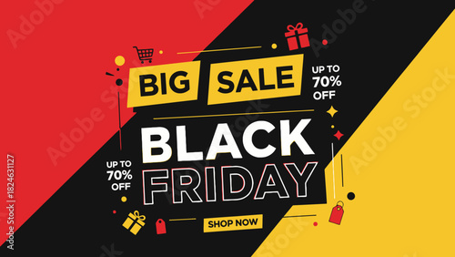 Black Friday Big Sale Banner - Up to 70% Off with Gifts and Shopping Cart Icons - Shop Now