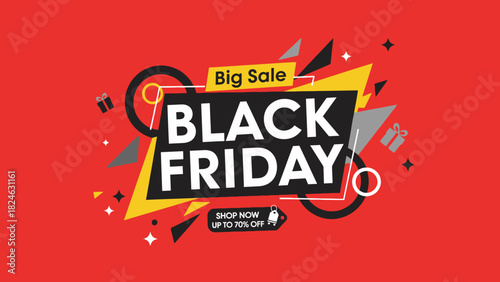 Black Friday Big Sale Promotion Design with Modern Geometric Elements on Red Backdrop