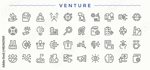 Venture linear icon set. Stepping icon set. Icons for application. Contains such icons as go, up, next step, upstairs, risk, move and more. Editable vector.