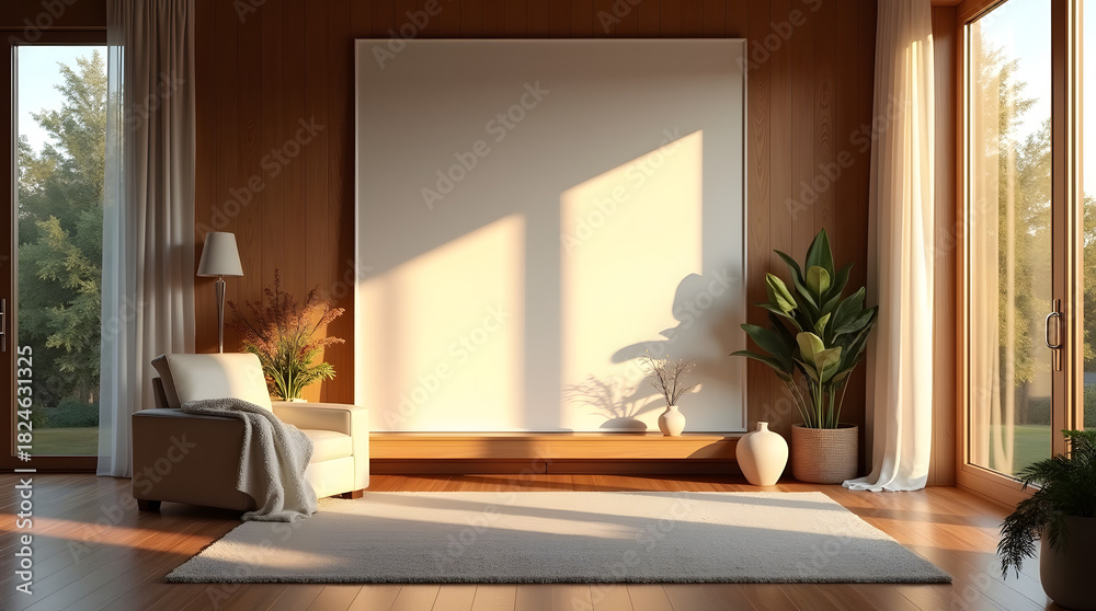 Fototapeta premium Serene living room with warm wooden tones and natural lighting, featuring a cozy chair and indoor plants.