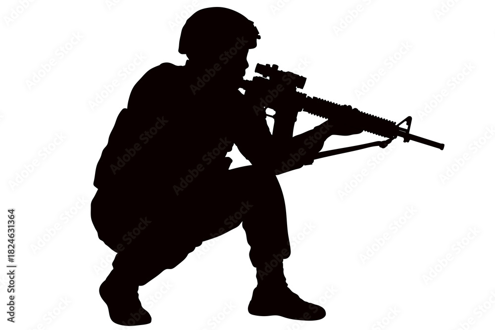 Obraz premium A silhouette of a soldier in military gear, holding a machine gun. Conducting a tactical operation in the army. A soldier undergoing military training. Military service.