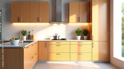 Modern kitchen with wooden cabinets and bright natural lighting, creating an inviting atmosphere.
