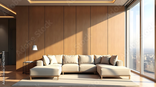 Modern living room with a beige sectional sofa and stunning city skyline view.