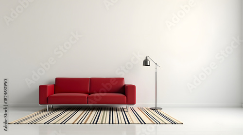 Modern red sofa in a minimalist living room setting with a stylish floor lamp and a striped rug.