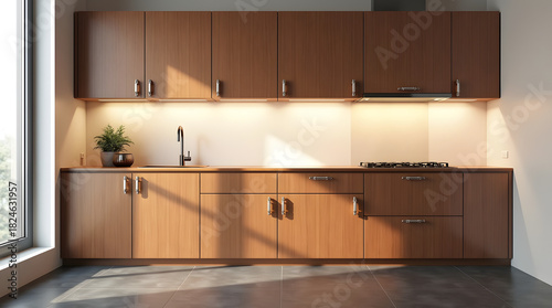 Modern kitchen with wooden cabinetry and sleek design, showcasing natural light and minimalist decor.