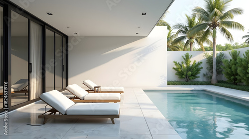 Chic outdoor pool area with modern loungers and tropical palm trees, evoking a serene and luxurious atmosphere.