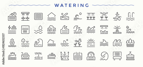 Watering icon. Collection for mobile and web apps. Irrigate line icon set. Pack of drip, aqua, farm, irrigation, spray, pump, agricultural and more.