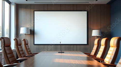 Modern conference room featuring a large screen and leather chairs, ideal for meetings.