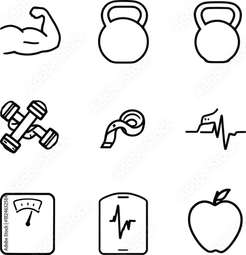 Fitness and health icons isolated on white background, featuring symbols of strength, weights, dumbbells, measuring tape, heartbeat, scales, and apple