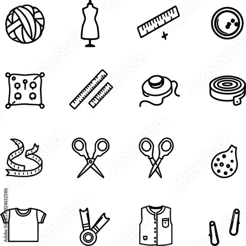 Sewing and tailoring icons isolated on white background collection of vector line art illustrations of needlework tools and dressmaking equipment
