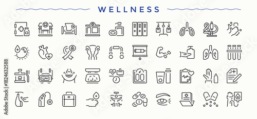 Wellness icon collection. Includes thin line symbols exercise, diet, therapy, care, relaxation and more. Yoga vector icon set. Outline icons in linear style. Editable stroke.