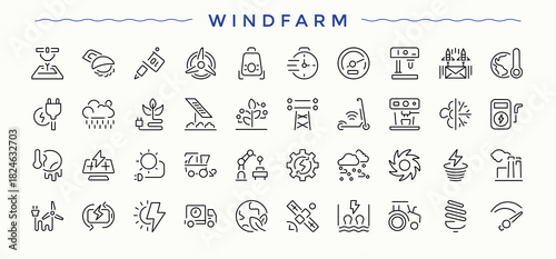 Windfarm Tools modern icon set. Tool isolated icons. Minimalist icons pack. Machine linear icon set. Editable stroke. Pixel Perfect.