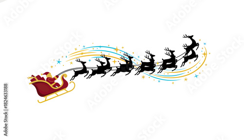 Santa Claus sleigh pulled by reindeer in flight across the sky.