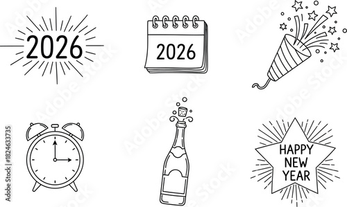 Vector Illustration of 2024 New Year Planning & Celebration Icons: Calendar, Clock, Party Popper.