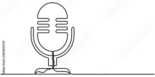 microphone continuous one line drawing, minimalist in outline illustration, in white background isolated. 