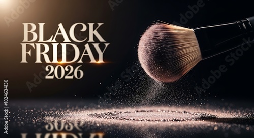 Black Friday 2026 beauty sale promotion with makeup brush and glistening powder against a dark background offering luxury and glamour for the holidays