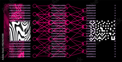 Vibrant neon-pink on black vector illustration featuring a glowing neural network built from binary code streams and nodes. Concept for for artificial intelligence, deep learning, neural networks.