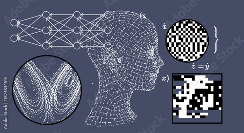 Human head silhouette and neural network nodes with noisy data patterns. Conceptual vector illustration for artificial intelligence, human-machine cognition, neural processing, pattern recognition.