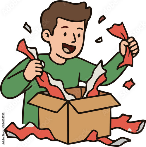 Excited young man enthusiastically opening a gift box, revealing a surprise inside with wrapping paper flying