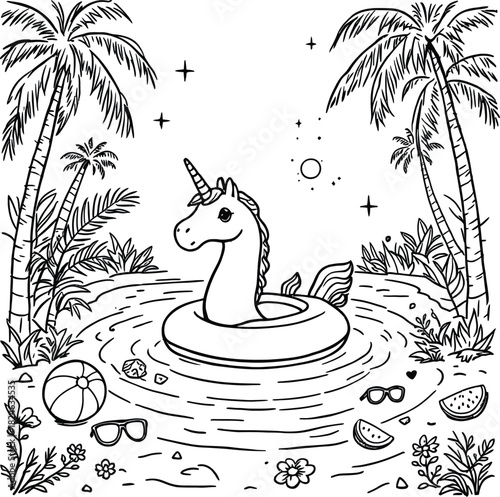 Unicorn relaxing on inflatable ring in tropical paradise, isolated on white background, coloring page for kids and adults, summer vacation