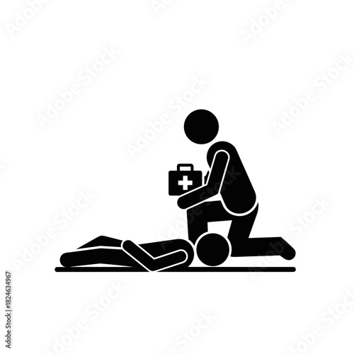 Rescuer providing first aid to injured person on white background with copy space
