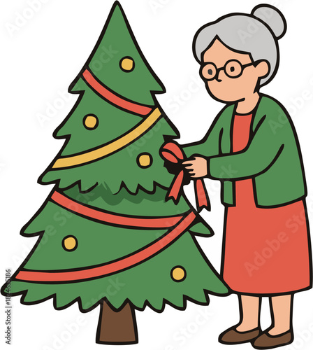 Charming illustration of a senior woman carefully placing festive ribbons on a beautifully adorned Christmas tree, embodying holiday spirit and traditions