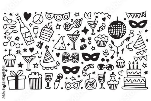 Black and White Party Doodles Illustration