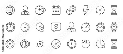 Alarm and deadline icons with clocks, calendars, sand hourglass, digital smartwatch, timer stopwatch, and time management elements in thin line vector style, ideal for scheduling and productivity