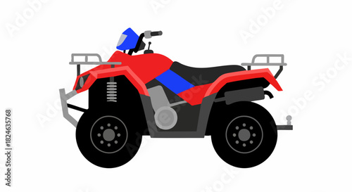 Red all terrain vehicle with black wheels and a blue seat.