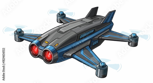 Futuristic military style drone with four propellers and glowing thrusters.