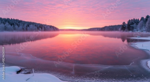 Serene winter landscape with pink sunrise reflecting on a tranquil lake surface and snow covered trees