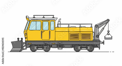 Yellow rail vehicle with snowplow and crane for railway maintenance.